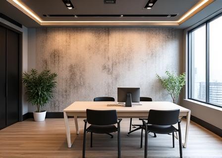 Ufficio moderno con carta da parati astratta dai toni naturali.